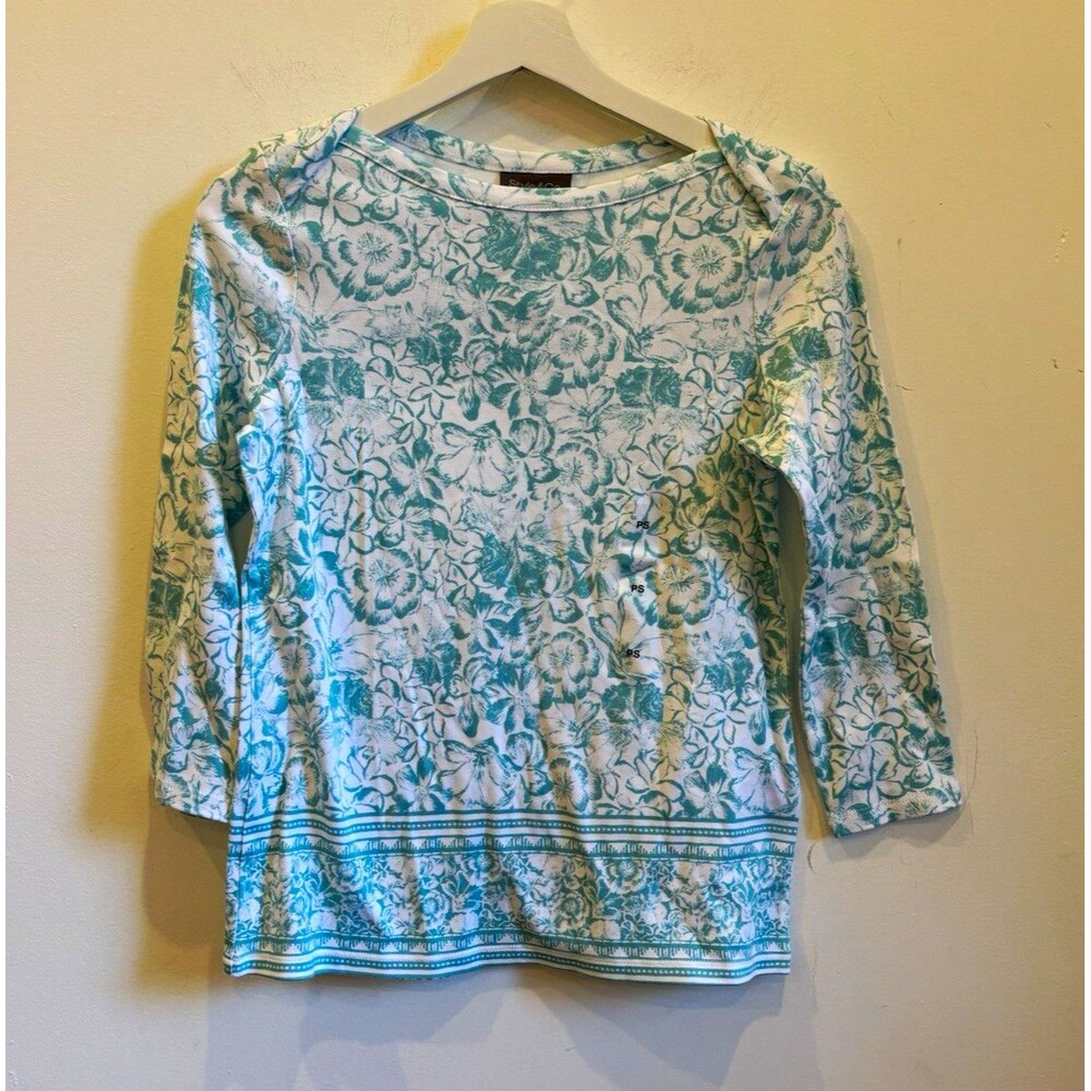 Style & Co. Top Women’s Petite PS White Green Floral Pima cotton Knit Scoop 3/4